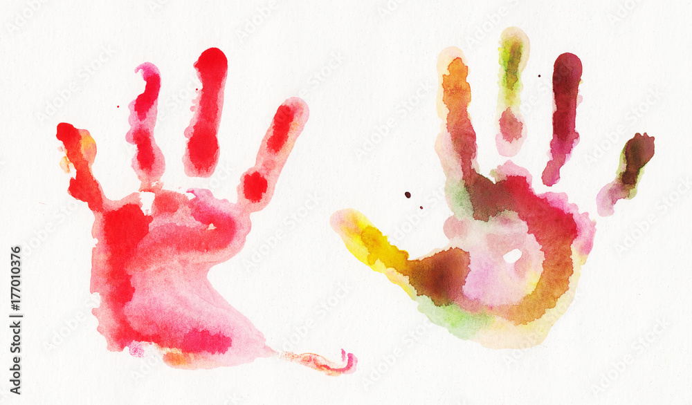 Watercolor handprints over white background Watercolor handprints over white background