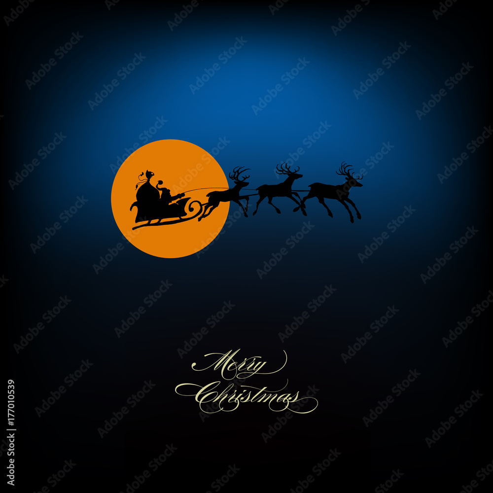 Santa's sleigh of deers silhouette in the sky. Vector greeting card