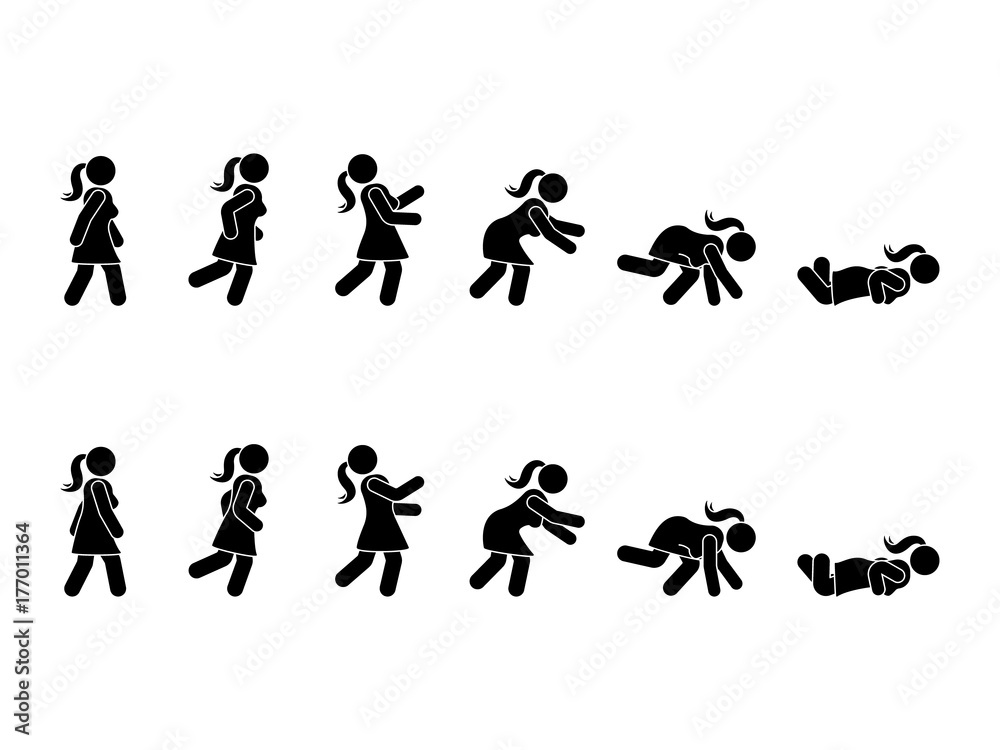 Walking woman stick figure pictogram set. Different positions of stumbling and falling icon set symbol posture on white