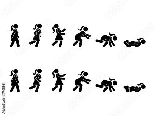 Walking woman stick figure pictogram set. Different positions of stumbling and falling icon set symbol posture on white