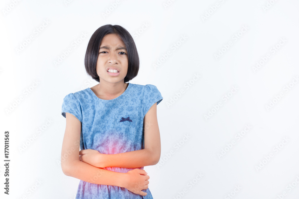 asian girl having stomachache from abdominal disease,A girl with a painful expression from a stomach ache on white background asian girl having stomachache from abdominal disease,A girl with a painful expression from a stomach ache on white background