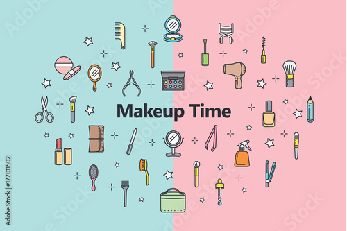 Many Beauty tool and Accessories around Makeup time word. Illustration about woman equipment.