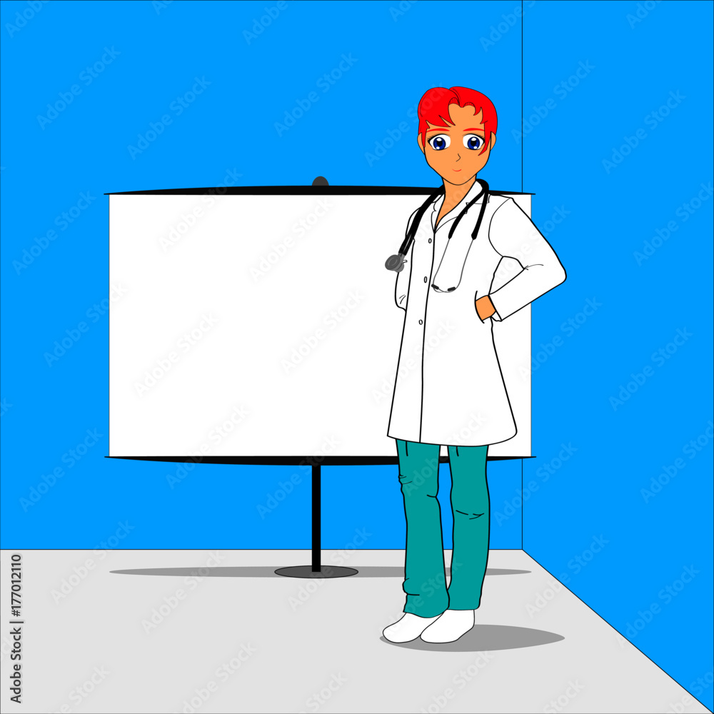 Doctora pelirroja con estetoscopio y cartel de fondo