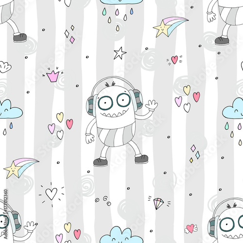 seamless pattern with cute cartoon Smiling monster.