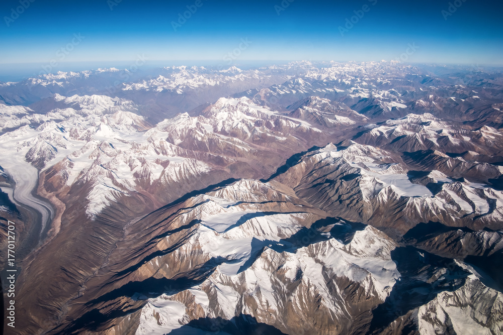 Fototapeta premium Top view image of the Himalaya mountain and blue sky horizon