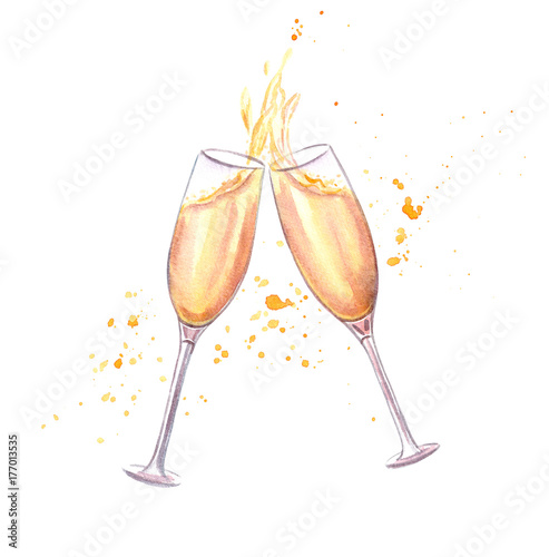 Fotografia Cheers! Pair of champagne glasses in toasting isolated on white background