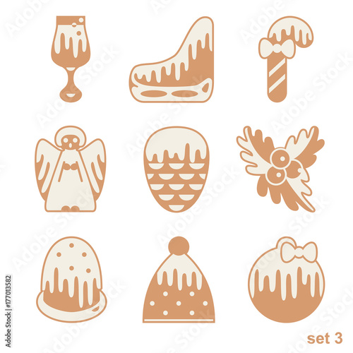 Set of Christmas gingerbread with glaze drops. Xmas icons isolated on white background.
