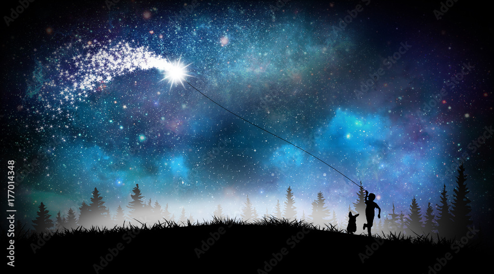 Boy with Magical Kite cartoon character in the real world silhouette art photo manipulation