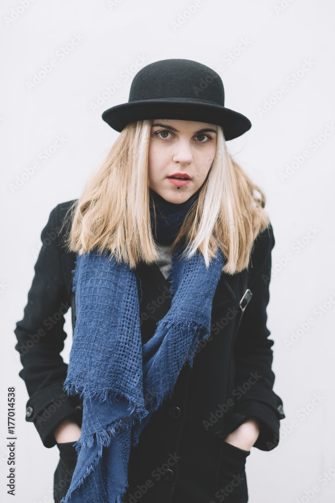 real girl on the white street background real girl on the white street background
