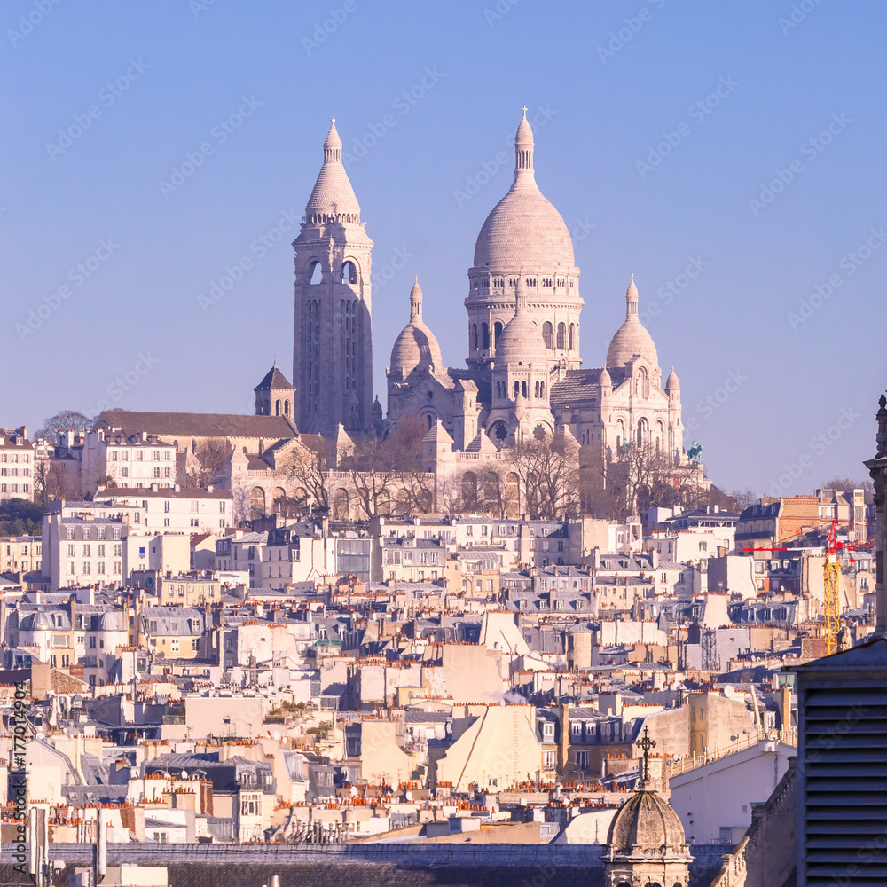 Aerial view of Sacre-Coeur Basilica or Basilica of the Sacred Heart of Jesus at the butte Montmartre in the morning, Paris, France