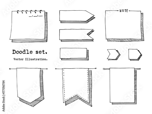 Hand drawn cartoon vector set of paper sheet, tag, sticky note. header, banner, item sketch. Doodle style illustration. Collection of doodle icons