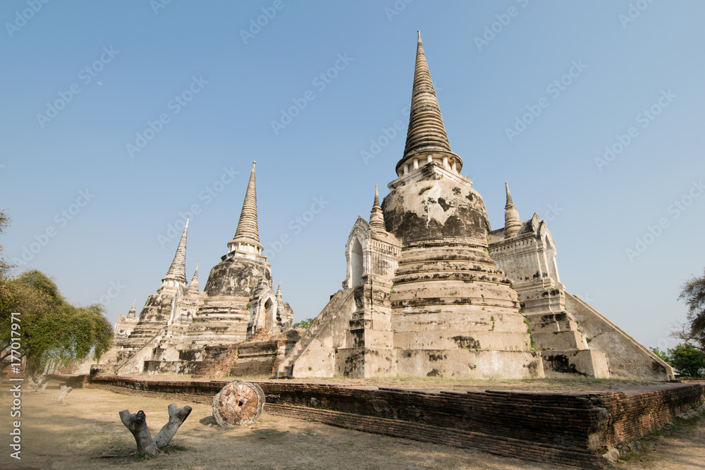Panorama of Ayutthaya Historical Park with three stone stupas and a tree in Ayuthaya, Thailand.