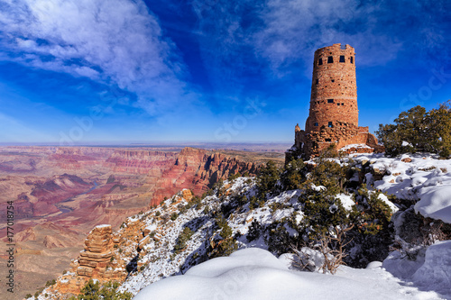 The Desert View Watchtower stands tall over the wintery landscape of Grand Canyon National Park