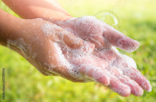 Close up Hand washing and cleaning photo