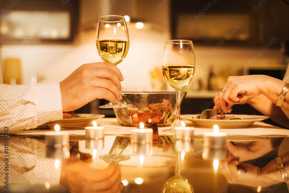 Young couple have romantic dinner with wine. Romantic concept .