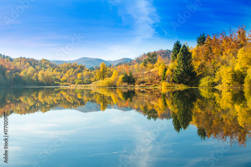 View of Mrzla vodica lake, beautiful colorful mountain autumn landscape, Gorski kotar, Croatia