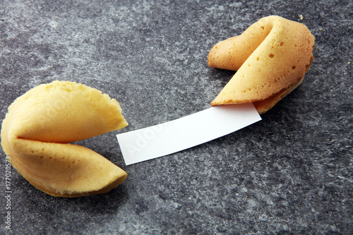 Fortune Cookies with blank paper on dark background