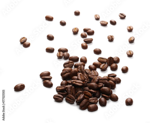 Pile coffee beans isolated on white background and texture, top view 