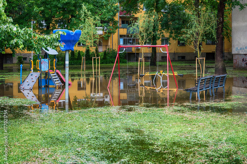 Fotografía Novi Sad, Serbia May 23, 2017: Submerged children playground after a storm