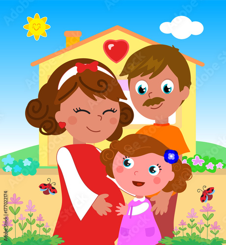Cartoon pregnant woman with daughter and husband