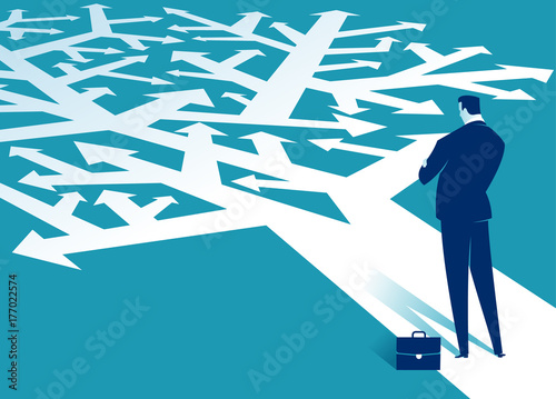 Decision. A businessman looks at arrows pointing to many directions. Concept business vector illustration photo