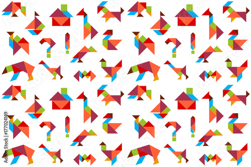Background with puzzles, animals, birds, ship, house