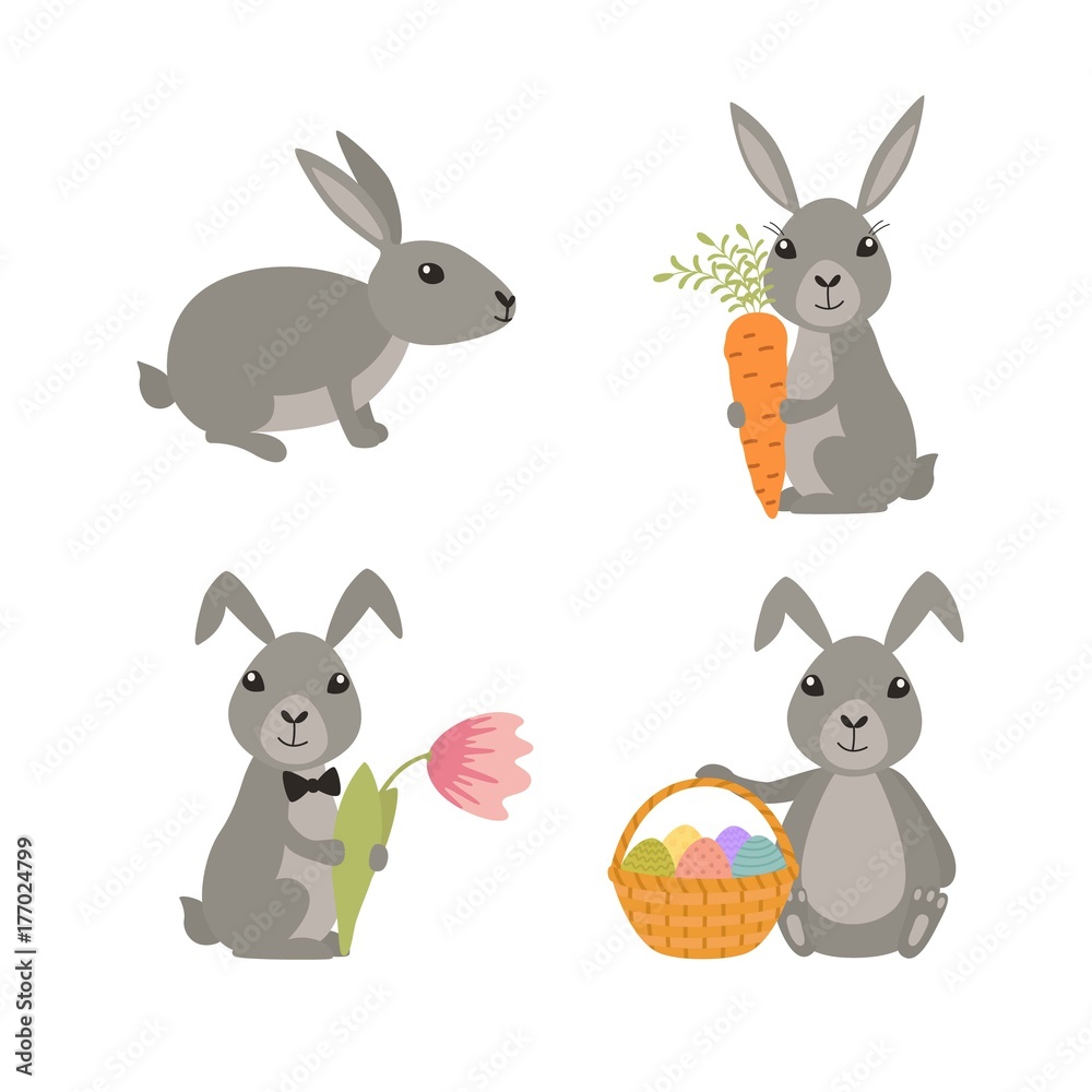 Set cute Easter rabbits. Holiday background.