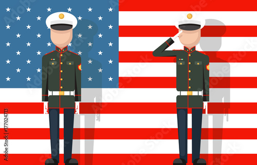 American military veteran ceremonial dress stands attention salutes flag background flat icon vector illustration