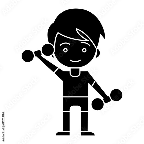sport man - boy with weights - kid workout icon, illustration, vector sign on isolated background
