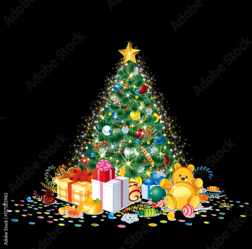 Glittering Christmas tree with colorful ornaments