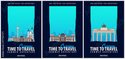 Set of Posters Travel to Germany. Journey, trip and vacation. Vector travel illustration.