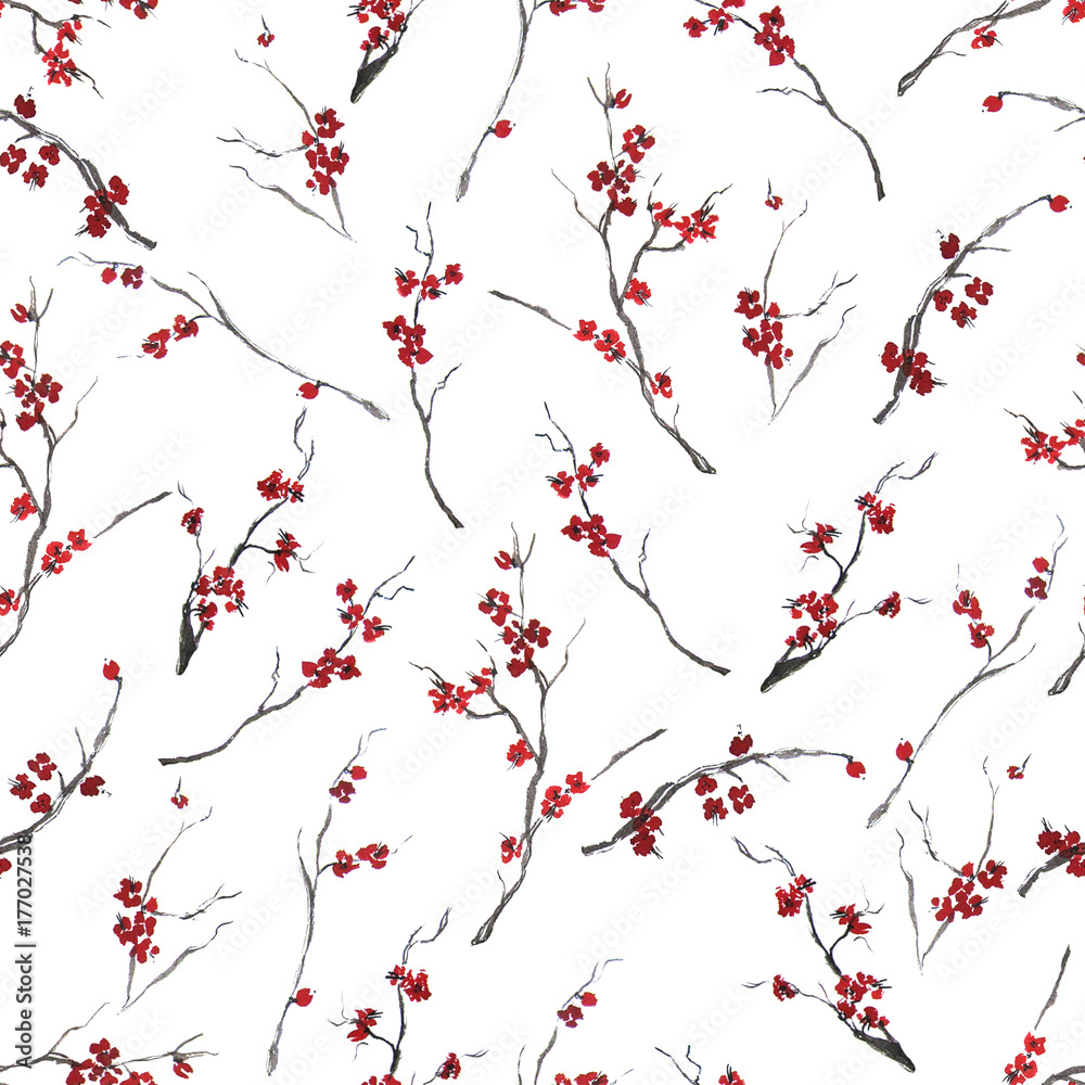 Seamless background with branches of sakura blossom oriental ink painting, sumi-e style cherry pattern. Textile print. Wallpaper.