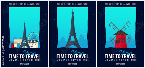 Set of Posters Travel to France. Journey, trip and vacation. Vector travel illustration.