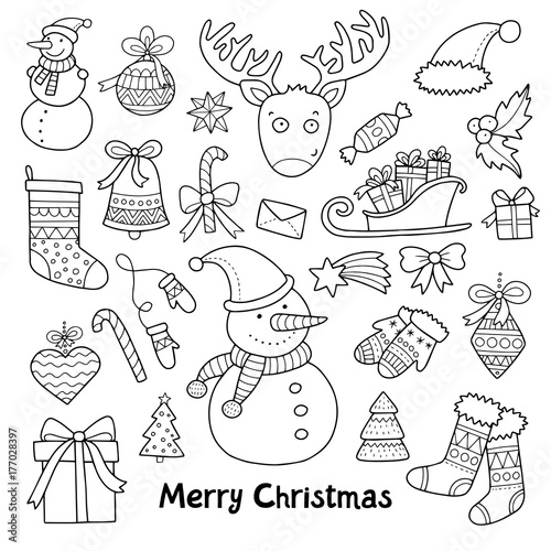Lovely vector set of christmas and new year icons made in the black doodle outlines.