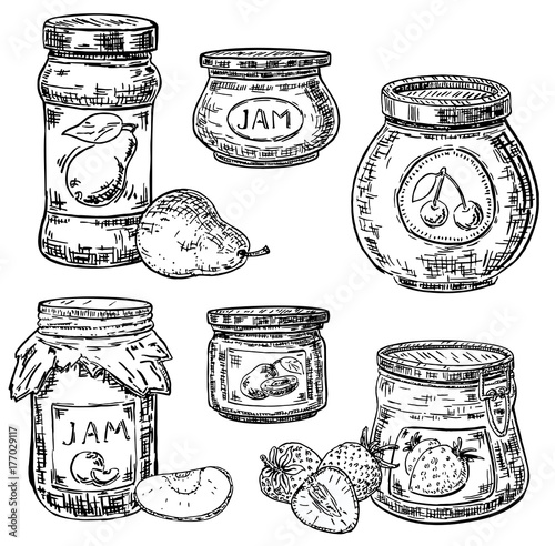 Vector ink hand drawn style fruit jam jar icon set