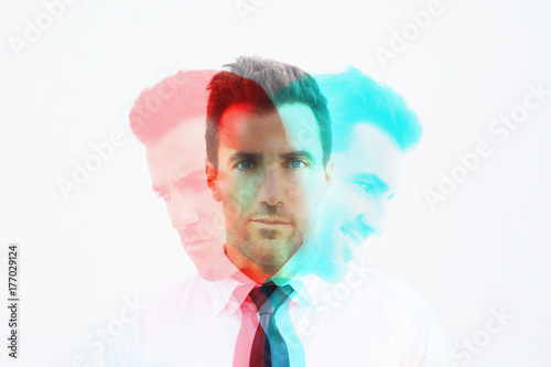 RGB Glitch effect of businessman with emotion, mad, calm and happy. Emotional controlling, mental health concept.