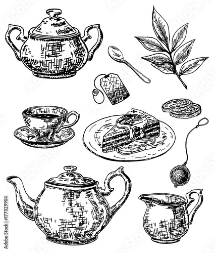 Vector ink hand drawn sketch style tea set