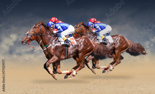 Four racing horses neck to neck in fierce competition for the finish line photo