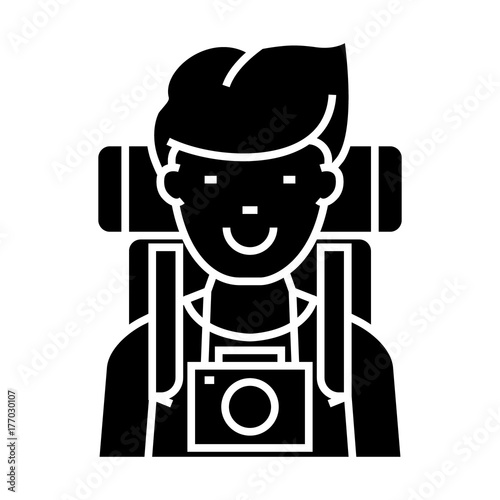 traveller - active tourist with camera and backpack icon, illustration, vector sign on isolated background