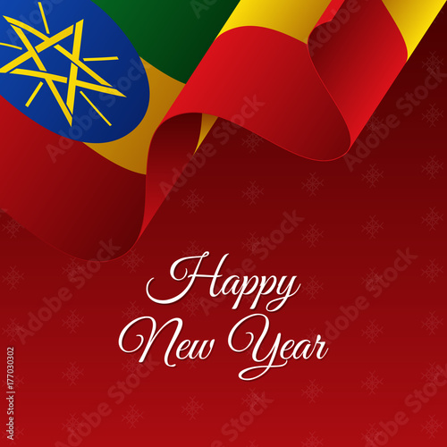 Happy New Year banner. Ethiopia waving flag. Snowflakes background. Vector illustration.