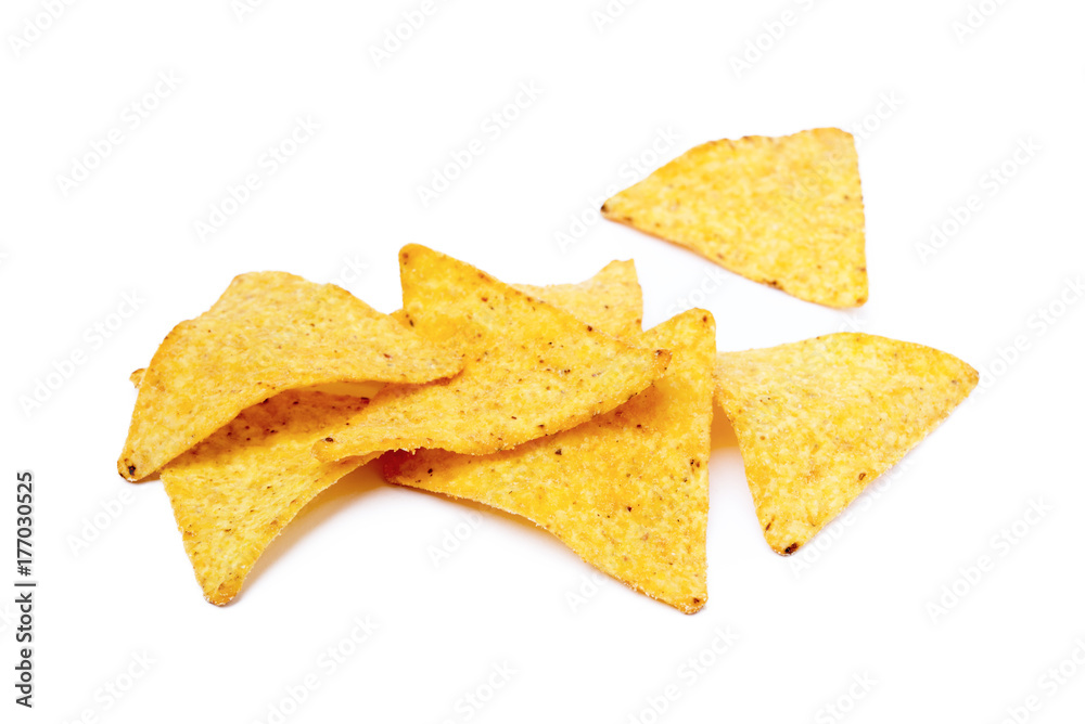 Corn chips,triangle, nachos isolated on white background Corn chips,triangle, nachos isolated on white background
