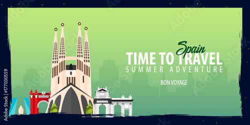 Spain banner. Time to Travel. Journey, trip and vacation. Vector flat illustration.