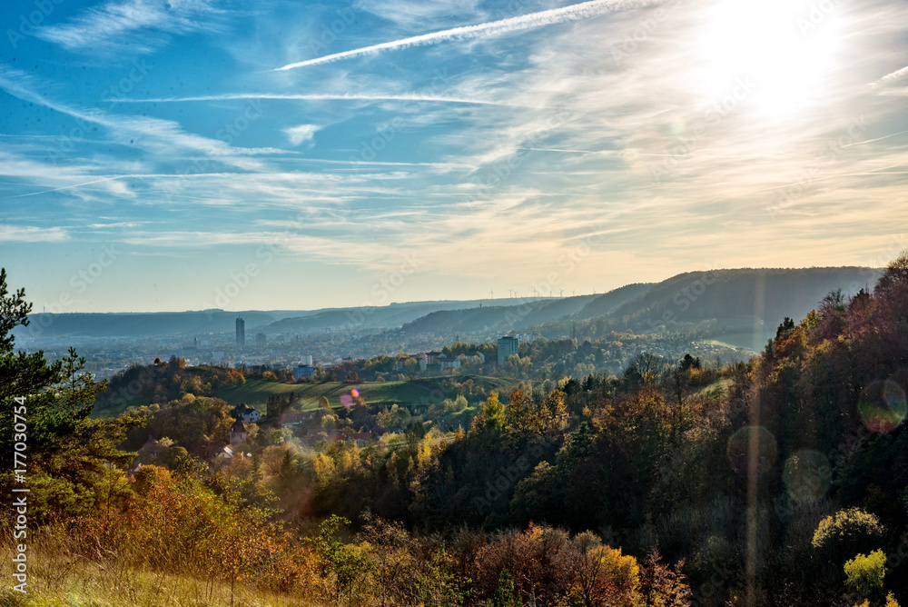 Jena, the city on the Saale in the middle of Thuringia and surrounded by mountains, in golden October.