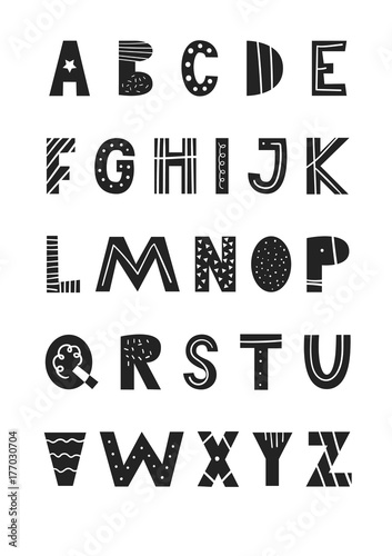 ABC - Latin alphabet. Unique hand drawn nursery poster with handdrawn letters in scandinavian style.