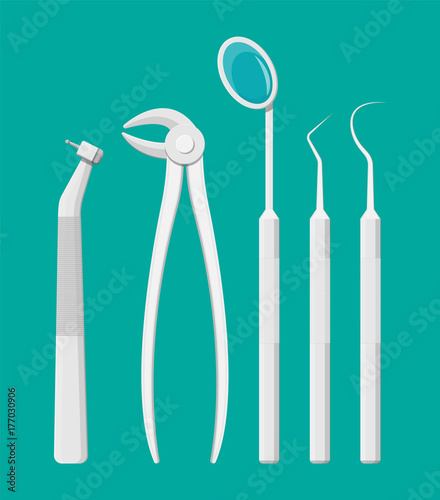 Dentist work tools. Tooth healthcare equipment set