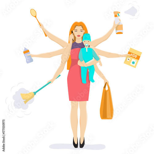 Busy multitasking woman and mom with baby vector flat illustration
