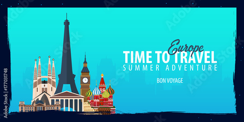 Europe banner. Time to Travel. Journey, trip and vacation. Vector flat illustration.
