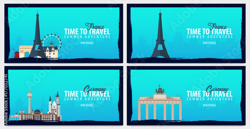 Set of travel banners to France and Germany. Time to Travel. Journey, trip and vacation. Vector flat illustration.