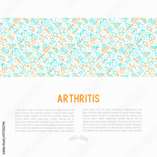 Arthritis concept with thin line icons of symptoms and treatments: pain in joints, obesity, fast food, alcohol, medicine, wheelchair. Vector illustration for banner, web page, print media.