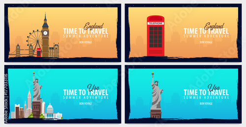 Set of travel banners to England and USA. Time to Travel. Journey, trip and vacation. Vector flat illustration.